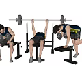 Men Doing Different Fitness Exercises With Dumbbells Barbell And Weight Bench
