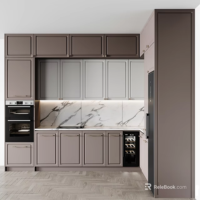 Modern Kitchen Interior With Gray Cabinets Marble Countertop Oven And Wine Cooler 3d model 