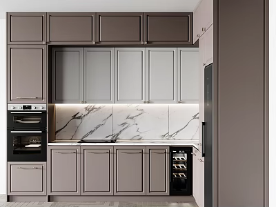Modern Kitchen Interior With Gray Cabinets Marble Countertop Oven And Wine Cooler 3d model