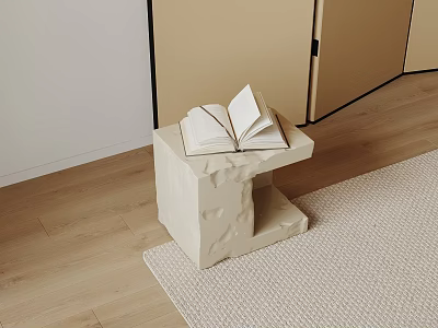 White Textured Stone Side Table With Open Book On Light Wooden Floor And Carpet 3d model