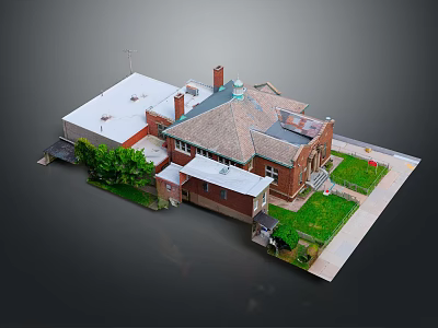 Cartoon Style Building Scene with Red Brick Walls White Roof Green Lawn and Chimney Pathway 3d model