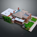 Cartoon Style Building Scene with Red Brick Walls White Roof Green Lawn and Chimney Pathway