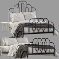 Modern Black Metal Double Bed With Gold Accents White Pillows And White Nightstands