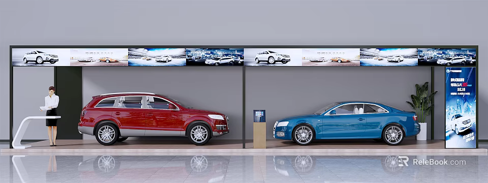 Modern Car Showroom Display With Red Blue Cars And Wall Billboards 3d model 