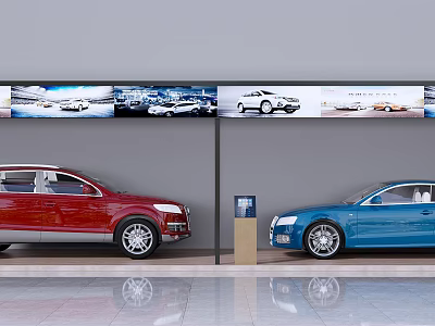 Modern Car Showroom Display With Red Blue Cars And Wall Billboards 3d model
