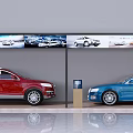 Modern Car Showroom Display With Red Blue Cars And Wall Billboards