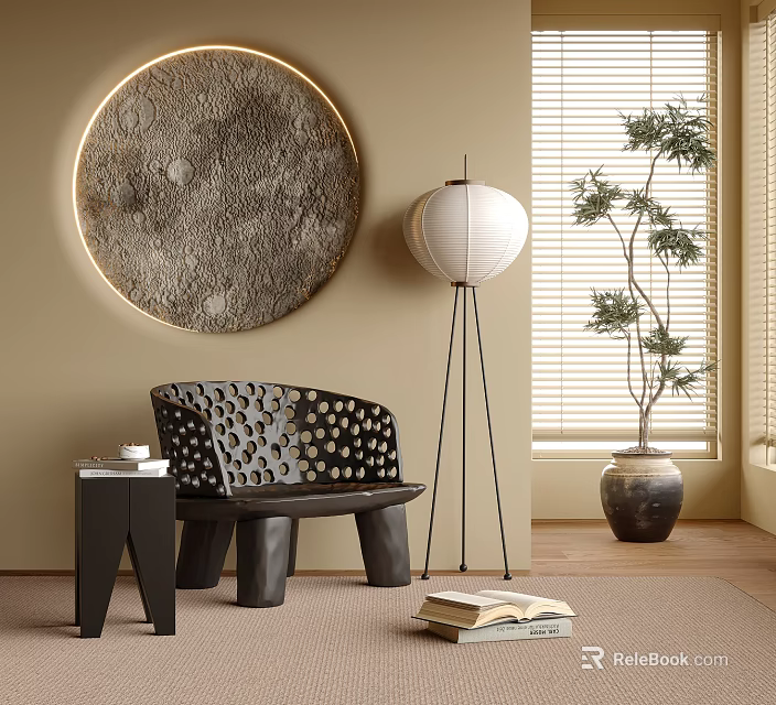 Modern Minimalist Accent Chair With Perforated Design Circular Wall Art Floor Lamp And Potted Plant 3d model 