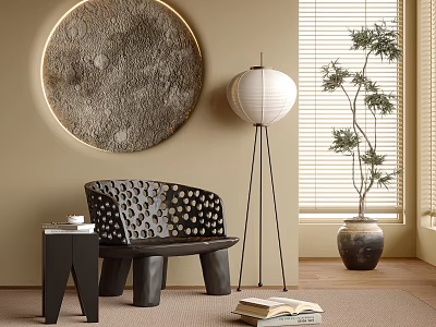 Modern Minimalist Accent Chair With Perforated Design Circular Wall Art Floor Lamp And Potted Plant 3d model