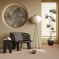 Modern Minimalist Accent Chair With Perforated Design Circular Wall Art Floor Lamp And Potted Plant