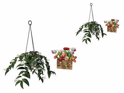 Decorative Hanging Potted Plants In Wooden Baskets With Green Leaves And Colorful Flowers 3d model