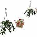 Decorative Hanging Potted Plants In Wooden Baskets With Green Leaves And Colorful Flowers