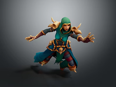 Fantasy Game Character With Green Hood Golden Accents Extended Hands And Crouching Stance 3d model