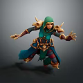 Fantasy Game Character With Green Hood Golden Accents Extended Hands And Crouching Stance