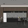 Modern Staff Pantry With Open Design Dark Cabinets Marble Backsplash Dining Table Chairs And Refrigerator