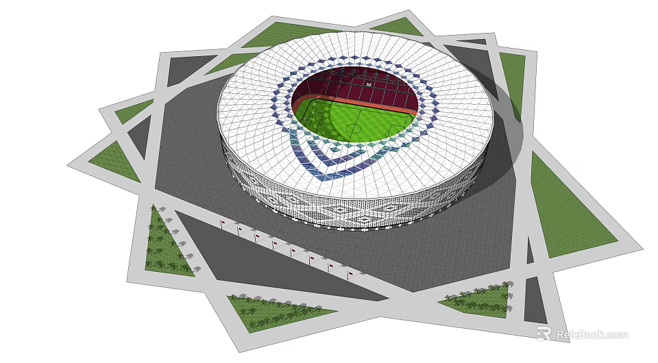 Modern Circular Stadium Design With Green Field White Exterior And Geometric Surroundings 3d model 