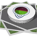 Modern Circular Stadium Design With Green Field White Exterior And Geometric Surroundings