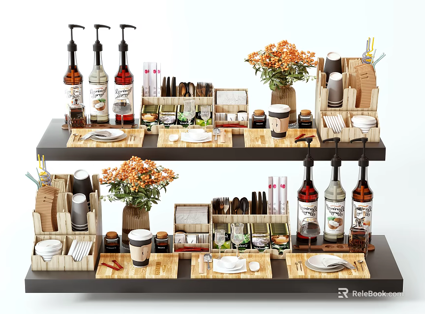 Organized Tableware Collection on Two Tiered Shelf with Bottles Mugs Plates and Floral Vases 3d model 