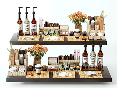 Organized Tableware Collection on Two Tiered Shelf with Bottles Mugs Plates and Floral Vases 3d model