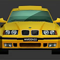 Yellow Sports Car With Rear Spoiler Black Stripes Green Windows And Black Wheels