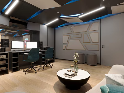 Modern Interior Workspace With Geometric Decor Blue Chairs Computer Monitors And Wooden Flooring 3d model