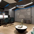 Modern Interior Workspace With Geometric Decor Blue Chairs Computer Monitors And Wooden Flooring