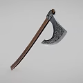 Traditional Axe Weapon With Wooden Handle And Carved Metal Blade Design