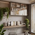 Home Office Interior Design With Wooden Desk Glass Door Shelves Books And Green Plants