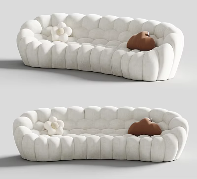 Modern White Sectional Sofa with Quilted Padded Design and Decorative Pillows White Floral Brown Bear 3d model
