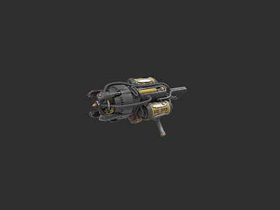 Mechanical Multi Barrel Sci Fi Weapon With Metal Structure And Yellow Components 3d model