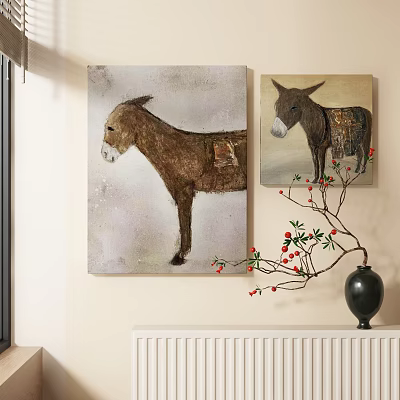 Artistic Donkey Animal Paintings On Wall With Decorative Branch And Vase 3d model