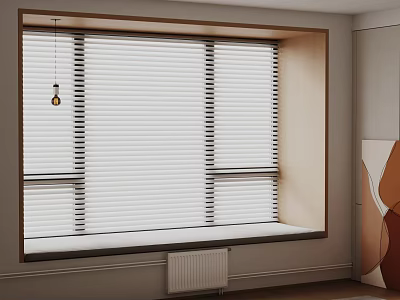 Stylish Bay Window Interior With White Blinds Wooden Frame And Radiator 3d model