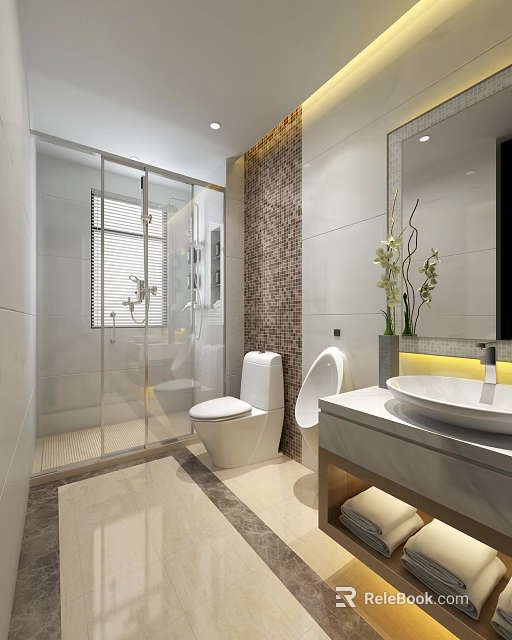 Hotel Bathroom Modern Interior With Glass Shower Toilet Marble Vanity Mirror And Flowers 3d model 