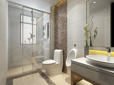 Hotel Bathroom Modern Interior With Glass Shower Toilet Marble Vanity Mirror And Flowers 3d model