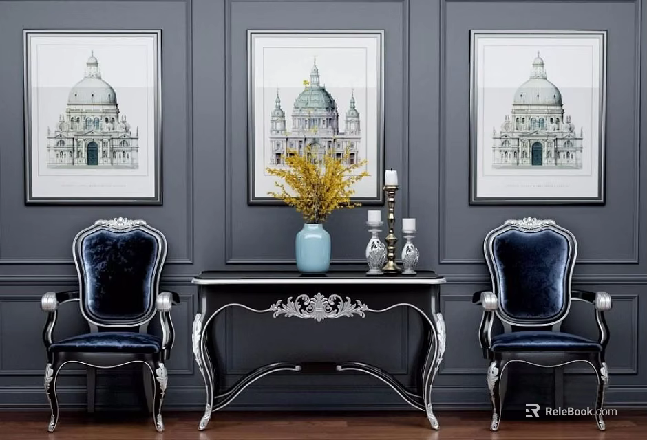 Luxurious Blue Velvet Armchairs With Ornate Carvings And Console Table Decor On Gray Wall 3d model 