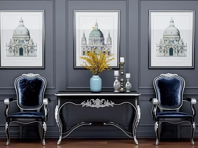 Luxurious Blue Velvet Armchairs With Ornate Carvings And Console Table Decor On Gray Wall 3d model