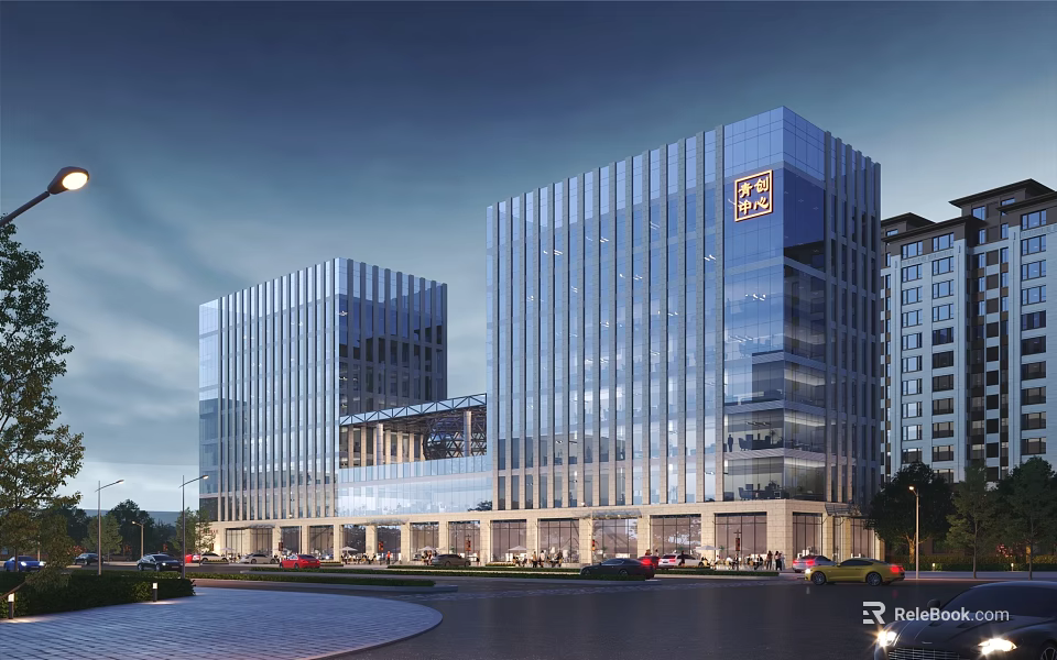 Modern Glass Office Buildings With Curtain Wall Facade And Urban Road View 3d model 