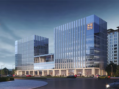 Modern Glass Office Buildings With Curtain Wall Facade And Urban Road View 3d model