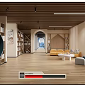Entertainment Room With Wooden Floors Bookshelves Round Blue Seating Yellow Sofa And White Coffee Table