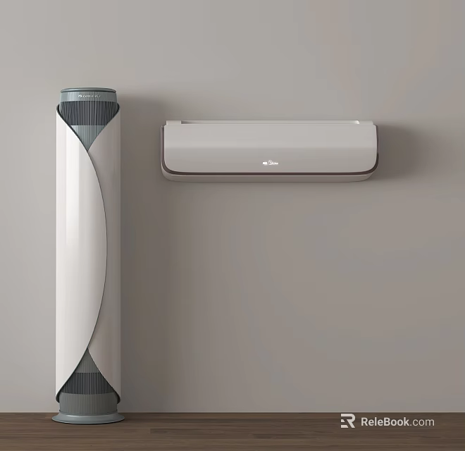 White Vertical And Wall Mounted Air Conditioner Fan In Indoor Gray Wall Setting 3d model 