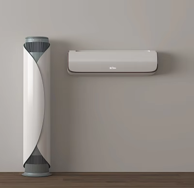 White Vertical And Wall Mounted Air Conditioner Fan In Indoor Gray Wall Setting 3d model