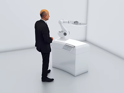 Man in Black Suit Interacting With White Robot Device Featuring Mechanical Arm 3d model