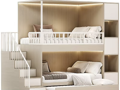 Wooden Bunk Bed Interior Design With Staircase Storage Cabinets And Lighting 3d model