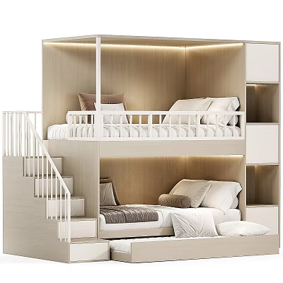 Wooden Bunk Bed Interior Design With Staircase Storage Cabinets And Lighting 3d model