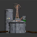 Industrial Equipment Structure With Tower Control Panel Pipes And Green Liquid Container