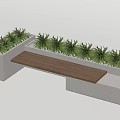 Modern Outdoor Landscape Bench With Concrete Structure Wooden Seat And Lush Green Plants