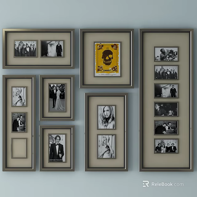 Photo Wall with Multiple Frames Displaying Different Photos Including Black and White and Yellow Poster 3d model 