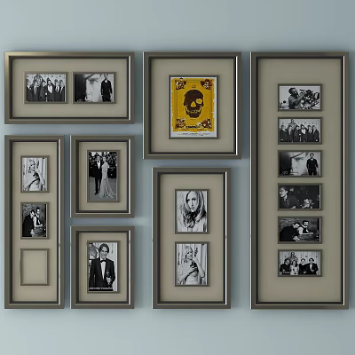 Photo Wall with Multiple Frames Displaying Different Photos Including Black and White and Yellow Poster 3d model