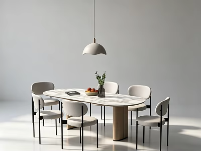 Modern Minimalist Dining Table With Four Chairs Fruit Book And Hanging Pendant Light 3d model