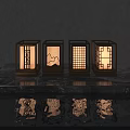 Outdoor Lanterns with Metal Frames and Glass Panels Featuring Traditional Patterns Displayed on Marble Surface 3d model