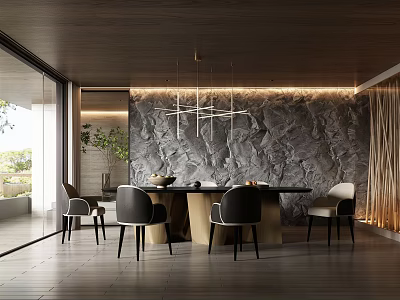 Modern Restaurant Interior With Hanging Pendant Lights Dark Wooden Ceiling Gray Stone Wall And Dining Table 3d model